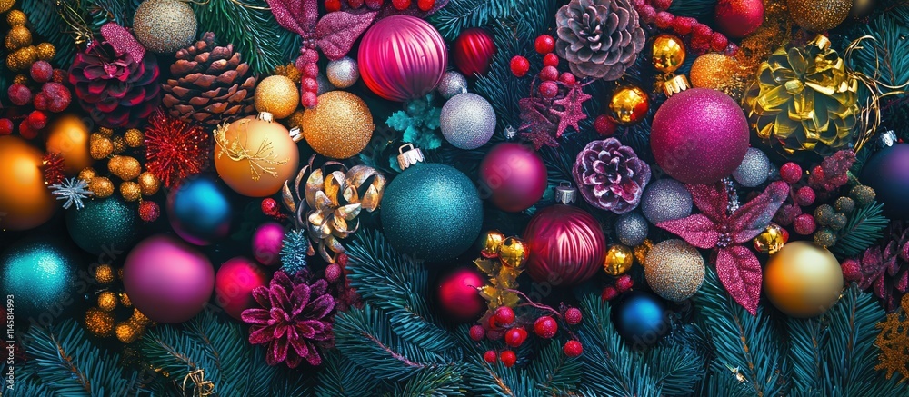 Vibrant array of Christmas ornaments and gifts creating a festive holiday atmosphere perfect for seasonal celebrations and decorations Vibrant array of Christmas ornaments and gifts creating a festive holiday atmosphere perfect for seasonal celebrations and decorations