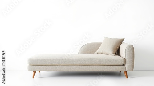 Modern cream-colored chaise lounge with textured fabric upholstery and wooden tapered legs