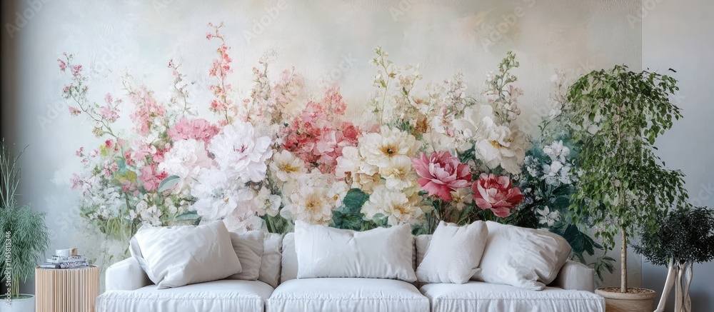 Obraz premium Floral mural art creating a cozy and stylish home interior with soft colors and natural elements for artistic design inspiration