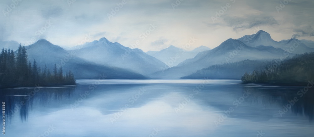 Serene mountain landscape reflecting on a tranquil lake under a cloudy sky in June with soft blue hues and lush green trees. Serene mountain landscape reflecting on a tranquil lake under a cloudy sky in June with soft blue hues and lush green trees.