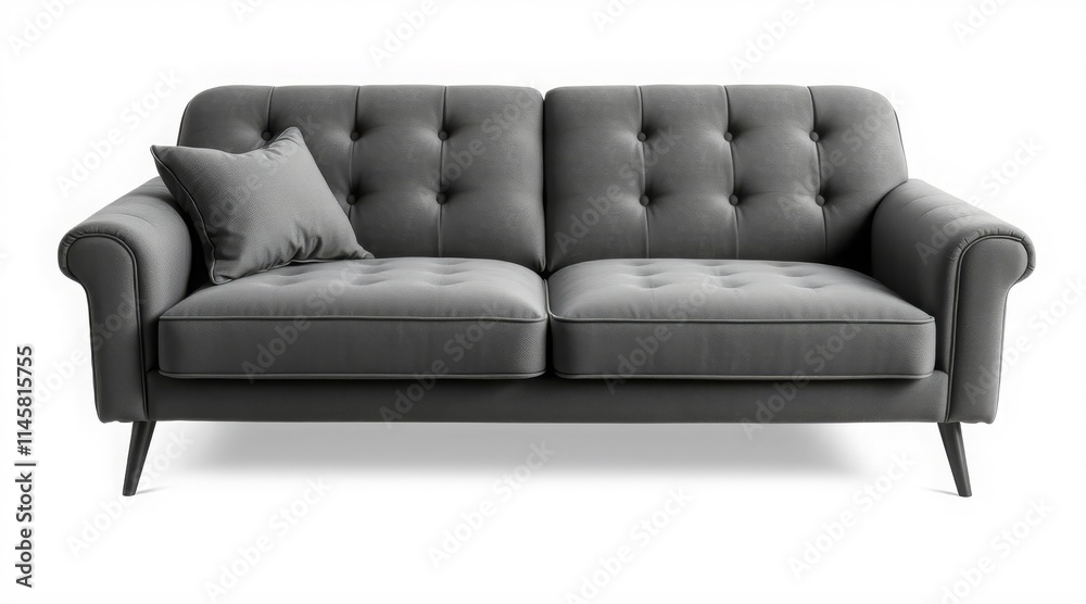 Fototapeta premium Modern gray sofa with tufted cushions and sleek legs, isolated on white background