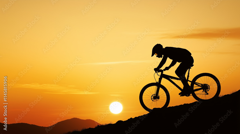 Mountain biker climbs steep hill against vibrant sunset backdrop in a breathtaking landscape Mountain biker climbs steep hill against vibrant sunset backdrop in a breathtaking landscape