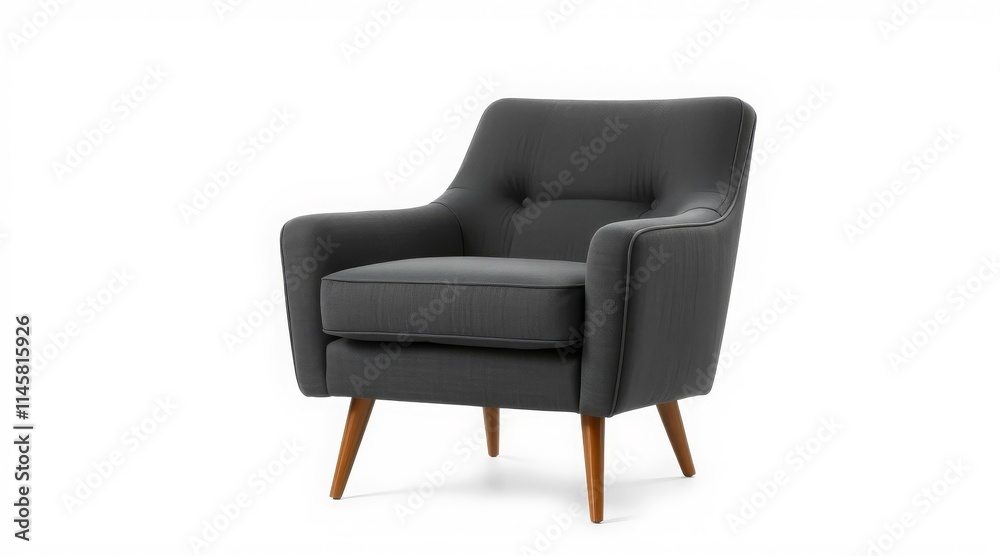 Stylish dark gray armchair with wooden legs and curved design, isolated on white background Stylish dark gray armchair with wooden legs and curved design, isolated on white background