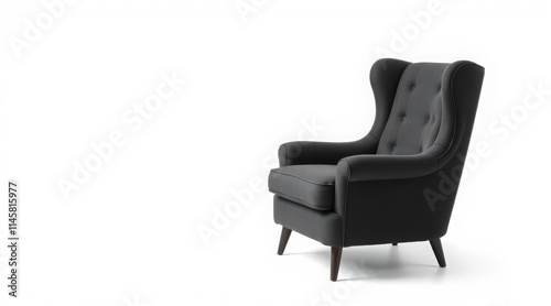 Elegant dark gray wingback armchair with tufted design, isolated on white background