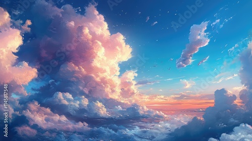 Vibrant twilight clouds illuminated by dusk light over a serene sky creating a peaceful atmosphere for backgrounds and designs photo