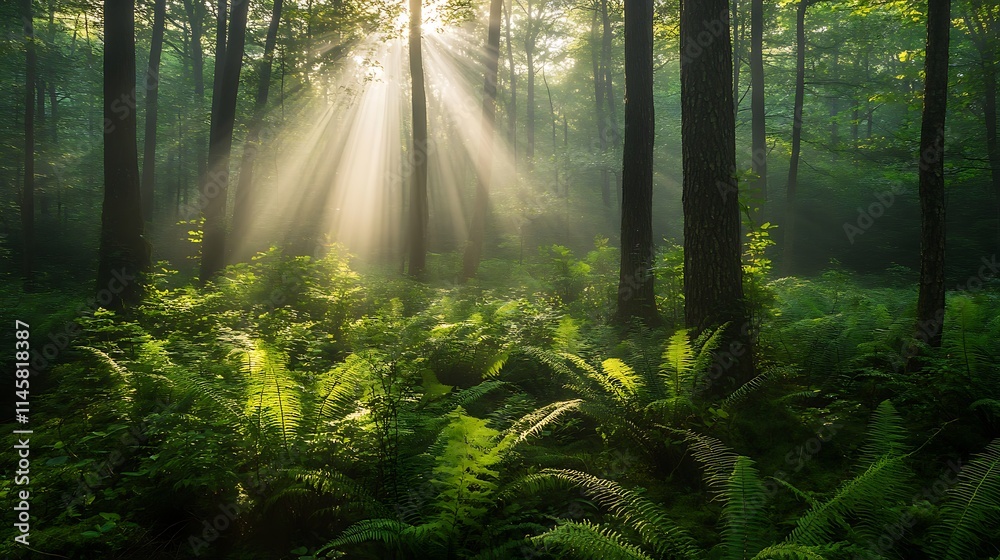 Obraz premium Sunlight streaming through the leaves of a dense forest, illuminating the natural beauty of ferns and wild plants 
