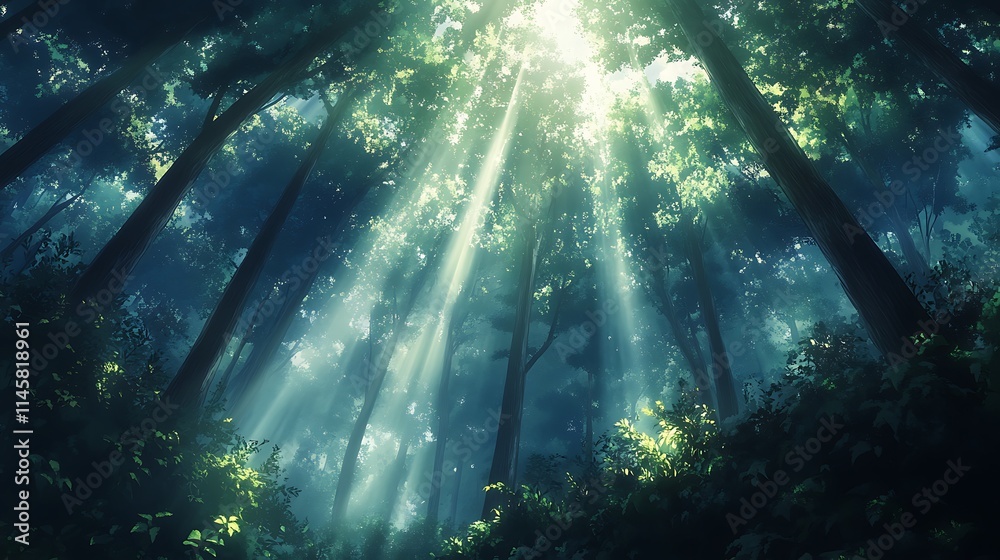 Fototapeta premium Sunlight breaks through the tall, towering trees of a lush green forest, illuminating the rich vegetation beneath 