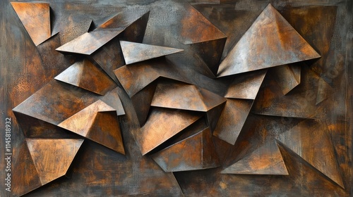 Abstract geometric steel sheet art with textured metallic surfaces and dynamic angular shapes in a contemporary design aesthetic.