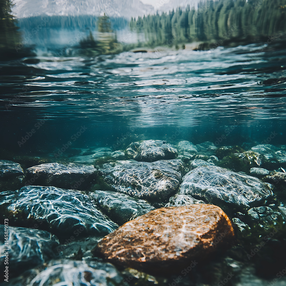 Fototapeta premium A close-up view of a crystal clear lake showcasing underwater details such as stones and aquatic plants