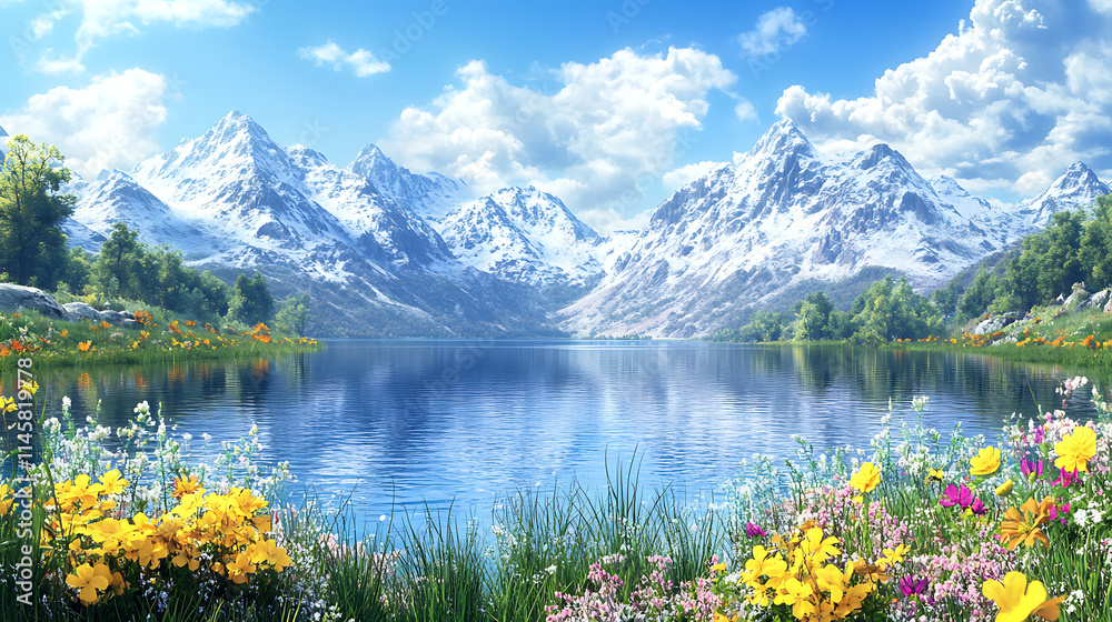 Fototapeta premium A peaceful crystal clear lake framed by snow-capped mountains, vibrant wildflowers in the foreground