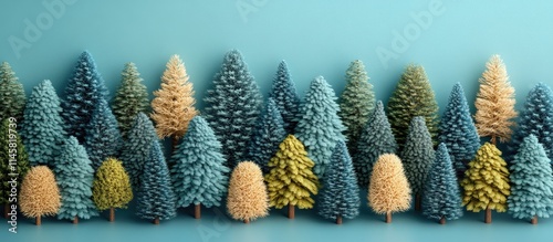 Wooden forest scene with colorful miniature trees on a pastel blue background Minimalist and primitivism design concept