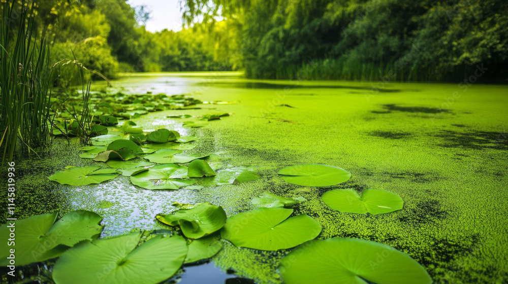 Swamp or lake top view with nenuphars or water lily pads. Natural background with deep marsh and lotus leaves, wild pond covered with duckweed and green waterlily plants, Cartoon vector illustration Swamp or lake top view with nenuphars or water lily pads. Natural background with deep marsh and lotus leaves, wild pond covered with duckweed and green waterlily plants, Cartoon vector illustration