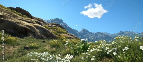 Serene mountain landscape with rocky terrain vibrant vegetation and delicate wildflowers under a clear blue sky with scattered clouds photo