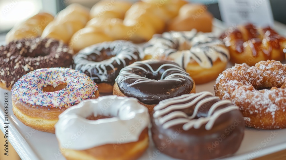 Assorted glazed donuts and pastries on a white tray. Assorted glazed donuts and pastries on a white tray.