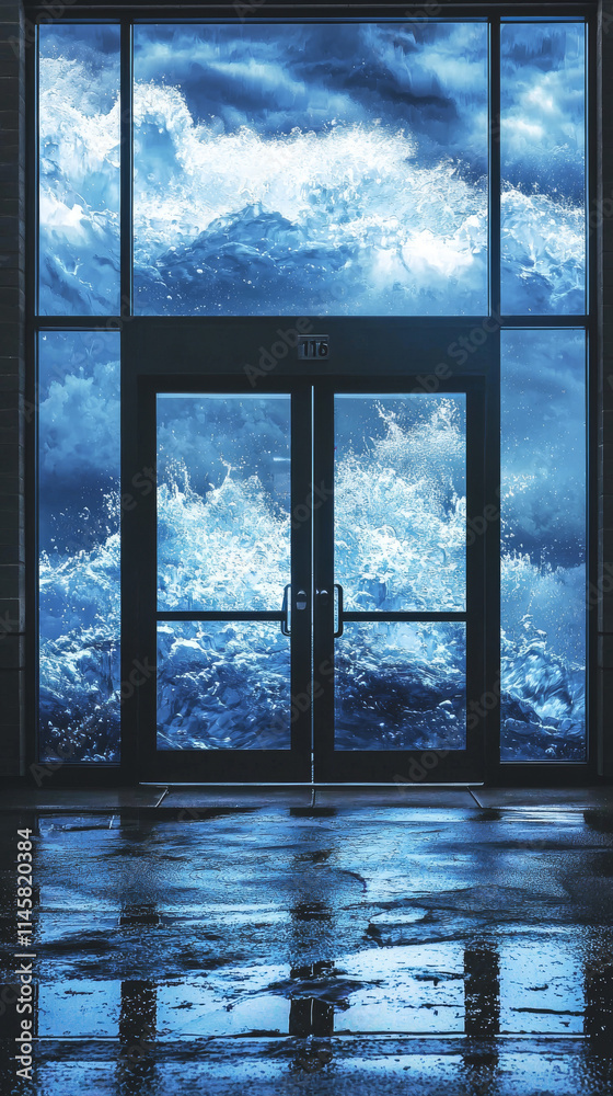 Fototapeta premium Ocean Wave Crashing Against Building Entrance, 3D Rendering