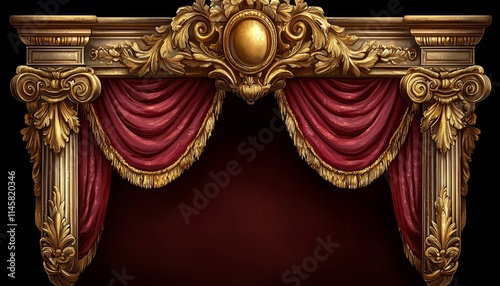 Ornate Gold Frame with Crimson Curtains and Pillars