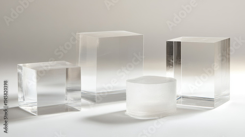 Glass transparent cube and cylinder product podiums of different height. Realistic vector set of plexiglass or plastic round and rectangular stands for goods display. Geometric pillar crystal platform