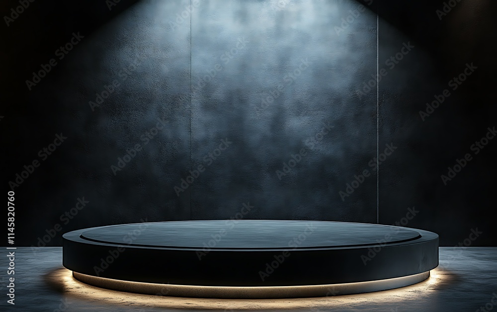 Dark, moody studio with illuminated circular platform, ideal for product display or presentation. Dark, moody studio with illuminated circular platform, ideal for product display or presentation.
