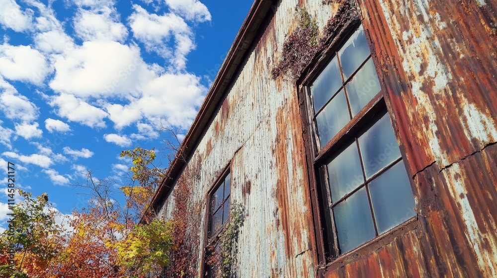 An aged building with rusted metal, ivy, and a vibrant sky. An aged building with rusted metal, ivy, and a vibrant sky.