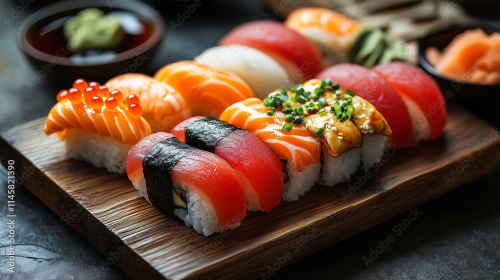 Enjoy sushi Nigiri Sushi with Tuna Served with Wasabi and Ginger Delectable Japanese Cuisine CloseUp Enjoy sushi Nigiri Sushi with Tuna Served with Wasabi and Ginger Delectable Japanese Cuisine CloseUp