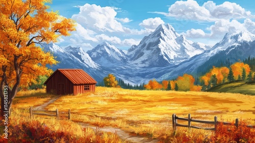 Autumn landscape with vibrant foliage and a rustic outbuilding against majestic mountains under a bright blue sky