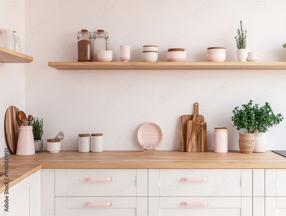 Minimalist kitchen design with pink accents and wooden shelves Minimalist kitchen design with pink accents and wooden shelves