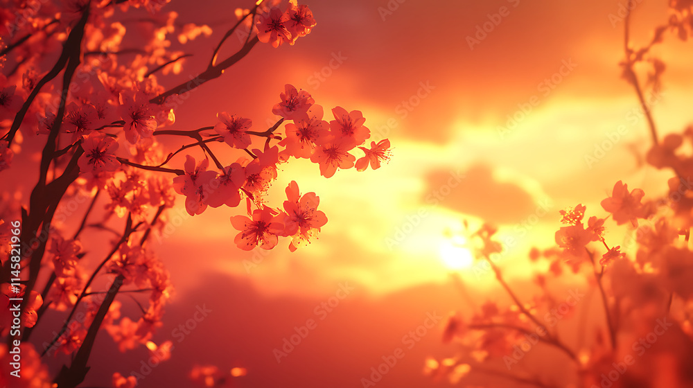 Cherry Blossom Sunset: Serene beauty of delicate pink cherry blossoms silhouetted against a vibrant, fiery sunset. A captivating scene of nature's artistry. Cherry Blossom Sunset: Serene beauty of delicate pink cherry blossoms silhouetted against a vibrant, fiery sunset. A captivating scene of nature's artistry.
