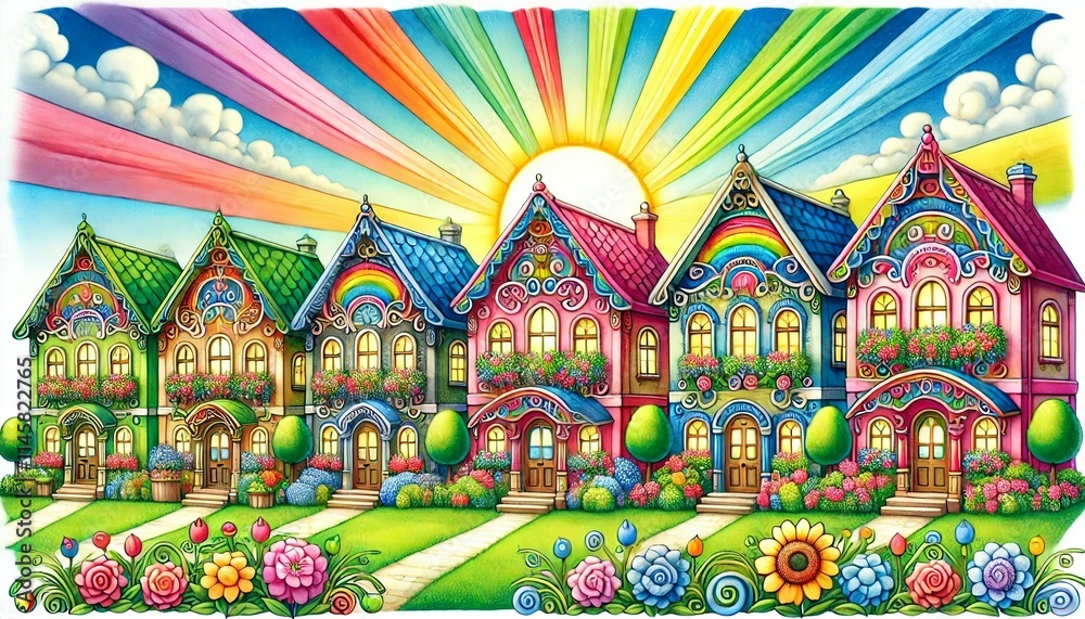 Colorful Miniature Houses on Sunny Day Generative AI Colorful Miniature Houses on Sunny Day Generative AI