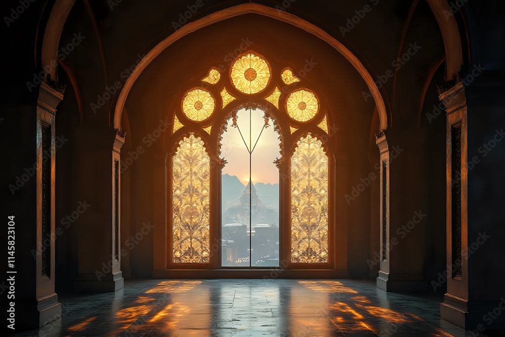 Fototapeta premium Mosque window with bright light background