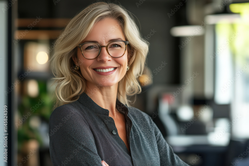 Fototapeta premium Portrait of smiling middle aged business woman wearing glasses in office at work.