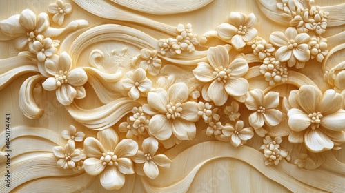 Intricate handmade carved floral background featuring delicate blossoms and flowing ribbons in a soft, textured design.