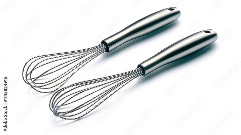 Two sleek stainless steel whisks with ergonomic handles positioned on a white background, perfect for culinary blogs, kitchenware ads, and instructional cooking materials, Two sleek stainless steel whisks with ergonomic handles positioned on a white background, perfect for culinary blogs, kitchenware ads, and instructional cooking materials,