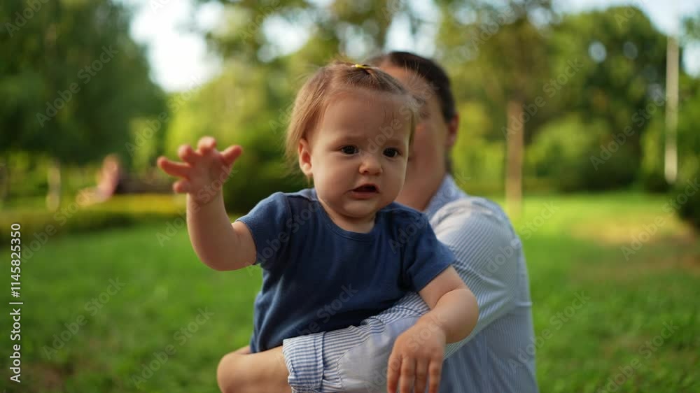 Close-up portrait of a little girl in a blue t-shirt climbing to the side while being held in place by her mother during a family vacation in the park in summer Close-up portrait of a little girl in a blue t-shirt climbing to the side while being held in place by her mother during a family vacation in the park in summer