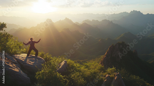 Tai Chi Mountaintop Serenity, Sunrise Meditation, Peaceful Landscape