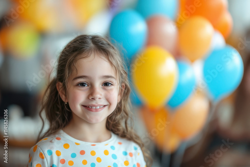 A cheerful young girl beams with joy at a birthday party, surrounded by colorful balloons in the background