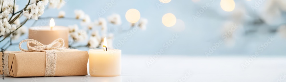 A serene arrangement featuring a wrapped gift and lit candles surrounded by delicate flowers, perfect for evoking feelings of warmth and celebration, Ideal for holiday cards, invitations A serene arrangement featuring a wrapped gift and lit candles surrounded by delicate flowers, perfect for evoking feelings of warmth and celebration, Ideal for holiday cards, invitations