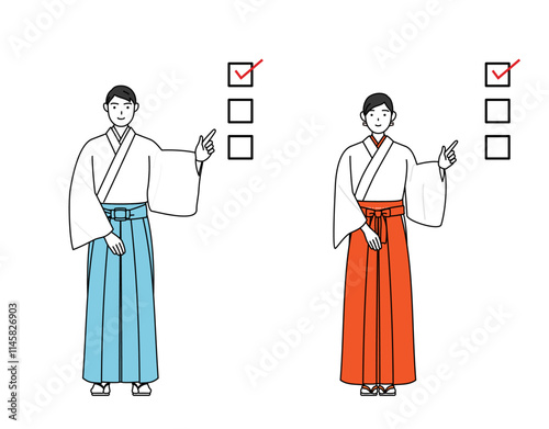 チェックリストを指さす神社の神主と巫女