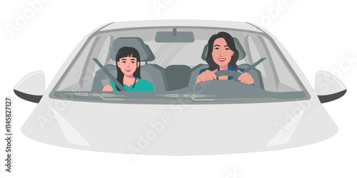 Vector of a beautiful woman drive a white car with a daughter