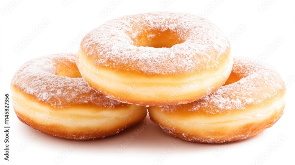 Creamy, powdered donuts stacked enticingly against a clean white background, perfect for use in food blogs, dessert menus, or promotional materials for bakeries and cafés, Creamy, powdered donuts stacked enticingly against a clean white background, perfect for use in food blogs, dessert menus, or promotional materials for bakeries and cafés,