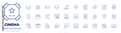 Cinema icons collection. Thin Line icons, editable stroke. d glasses, cinema, movie poster, photographic film, seat, ticket, d cinema, director chair, pop corn, script, tickets