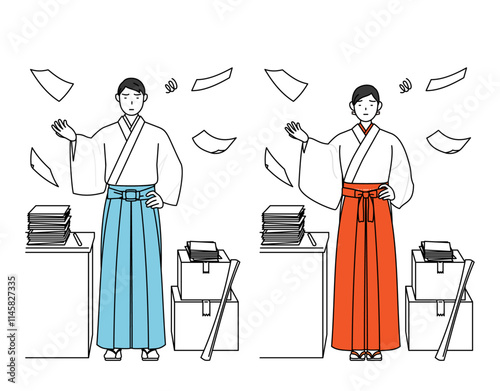 片付かない業務にうんざりする神社の神主と巫女