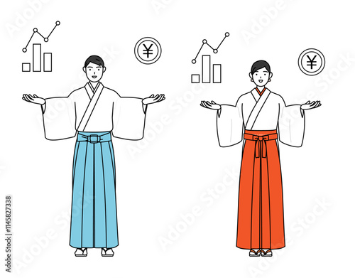 DXのイメージ、業績と売上の向上を案内する神社の神主と巫女