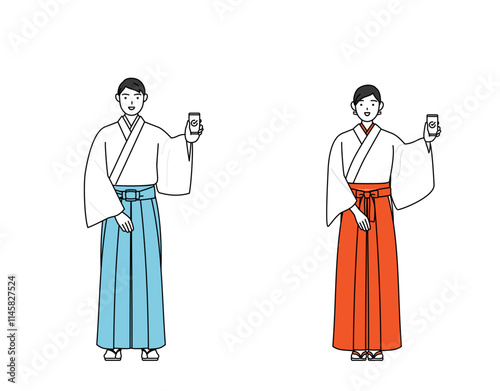 仕事でスマホを使う神社の神主と巫女