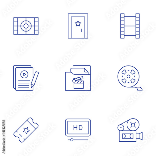 Cinema icons set. Thin Line style, editable stroke. door, film, film strip, movie, script, ticket, scenario, hd film, video camera