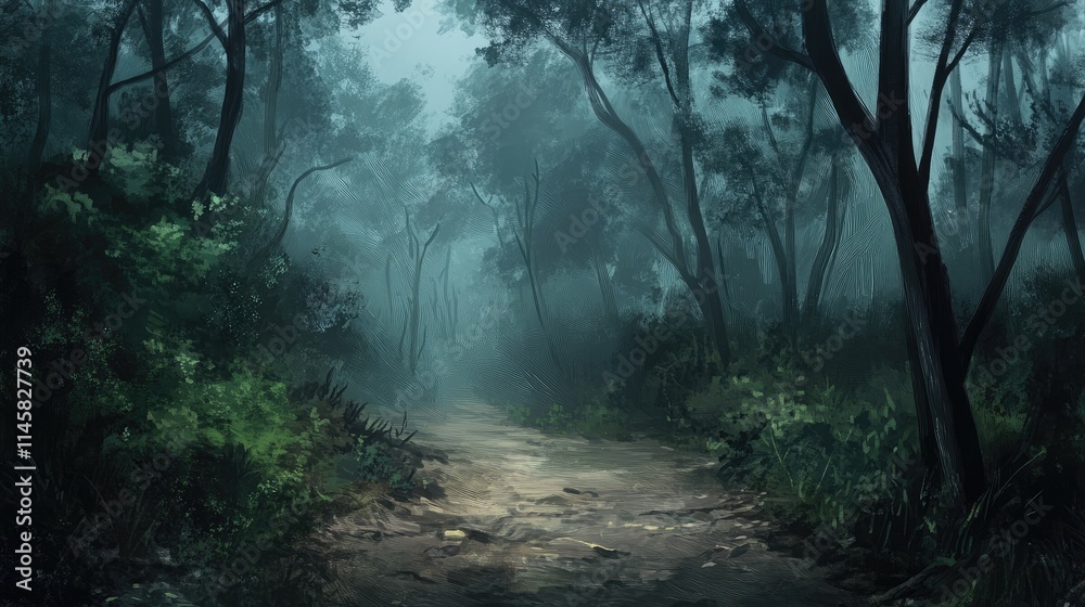Obraz premium Mysterious forest trekking path shrouded in fog with lush greenery inviting exploration through the tranquil wilderness