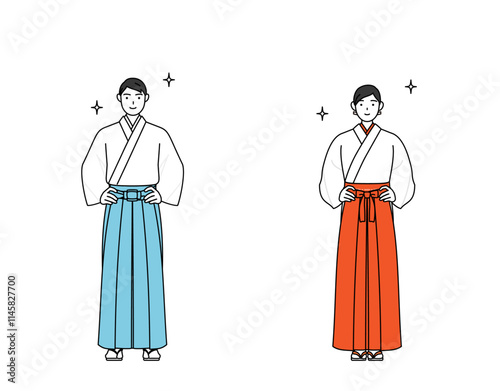 両手を腰に当てた神社の神主と巫女