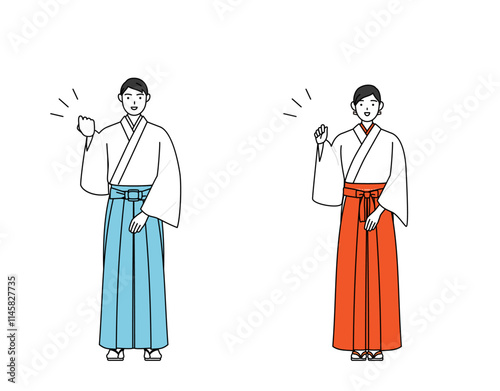 ガッツポーズをする神社の神主と巫女