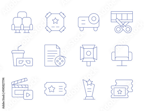 Cinema icons. Thin Line style, editable stroke. movie poster, scenario, ticket, chair, cinema, clapperboard, projector, spotlight, trophy