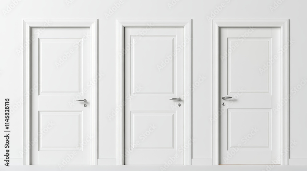 White wooden door for front entrance or inside house, apartment or office. 3d wood door with handle and frame in open, closed and ajar position, vector realistic set isolated on white background White wooden door for front entrance or inside house, apartment or office. 3d wood door with handle and frame in open, closed and ajar position, vector realistic set isolated on white background