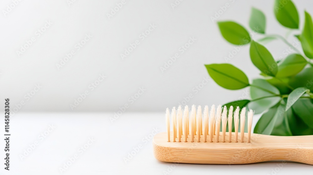 A close-up of a natural bamboo toothbrush beside green foliage on a minimalistic background, ideal for promoting eco-friendly dental care products and sustainable living concepts, A close-up of a natural bamboo toothbrush beside green foliage on a minimalistic background, ideal for promoting eco-friendly dental care products and sustainable living concepts,